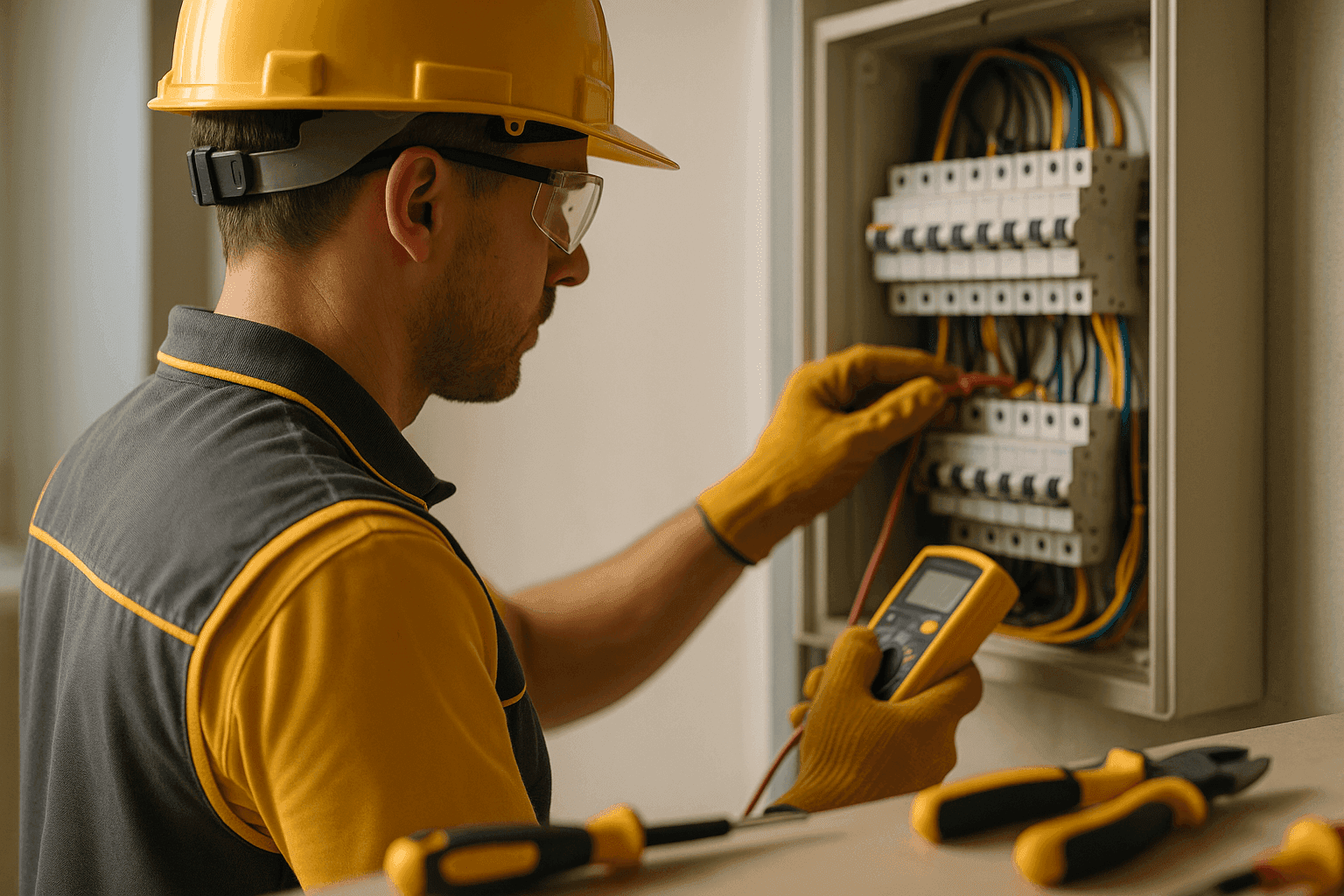 Professional electrician in PPE working on electrical panel at clean job site