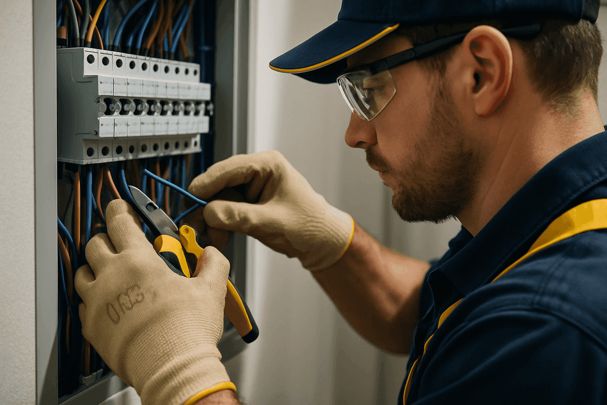 Electrician's gloved hands connecting wires inside modern electrical panel